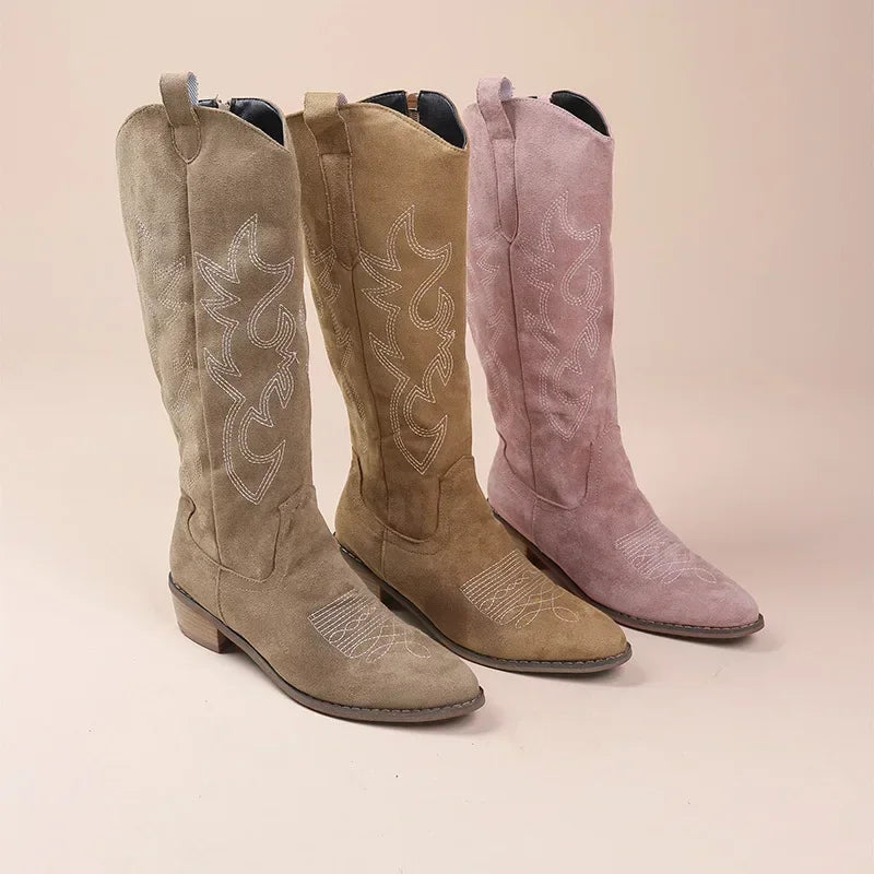 CanyonCharm – Embroidered Suede Cowboy Boots for Women