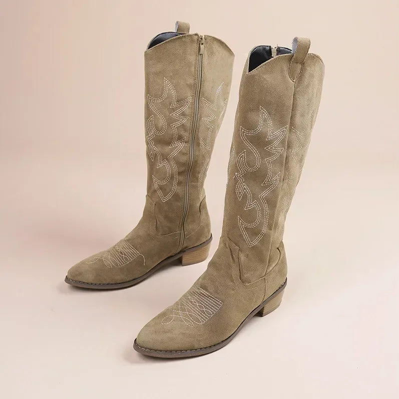 CanyonCharm – Embroidered Suede Cowboy Boots for Women