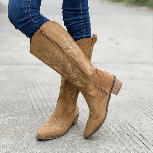 CanyonCharm – Embroidered Suede Cowboy Boots for Women